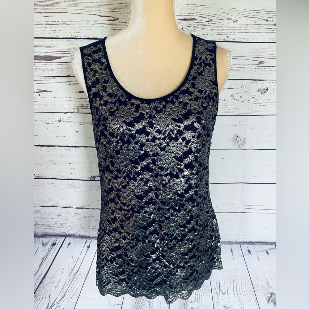 Women’s Size 10 Tank Top Ruby Rd Black Gold Shiny Lace Overlay Scoop Neck Soft